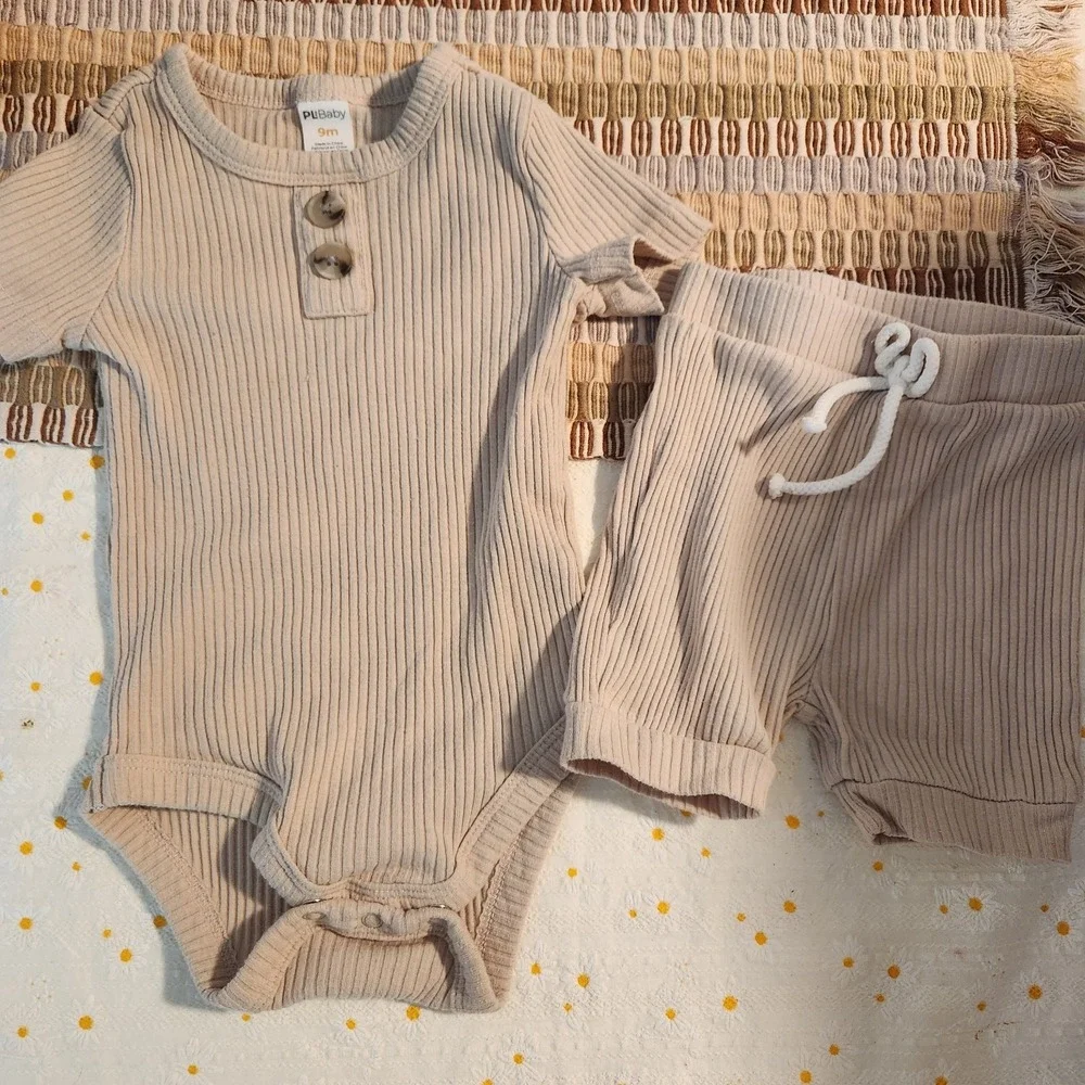 PL Baby Unisex Photoshoot Outfit Set Summer Solid Short Sleeve Round Sz 9 months